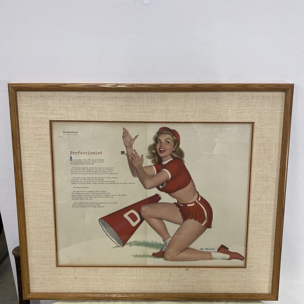 #9306,Vintage Orig Pinup Esquire LARGE Al Moore"Perfectionist" Framed & Matted